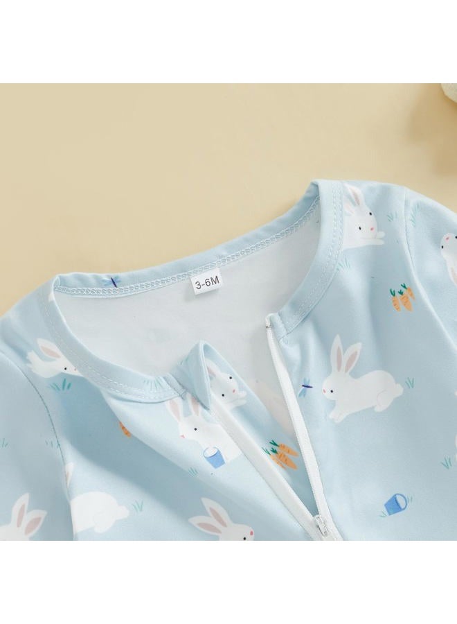 Thilsidee Newborn Baby Boy Girl Easter Rabbit Jumpsuit Long Sleeve Oblique Zipper Romper Bunny One Piece Overall Outfit, M-blue, 6-12 Months - Image 5