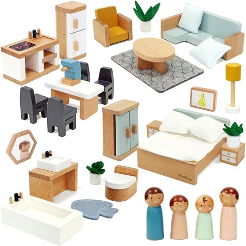 PairPear Wooden Toys Dollhouse Furniture Playset,35 Piece Furnitures with Family Dolls,Doll House Accessories Pretend Play Gift for Girls and Boys 3 Year and Up - Image 1