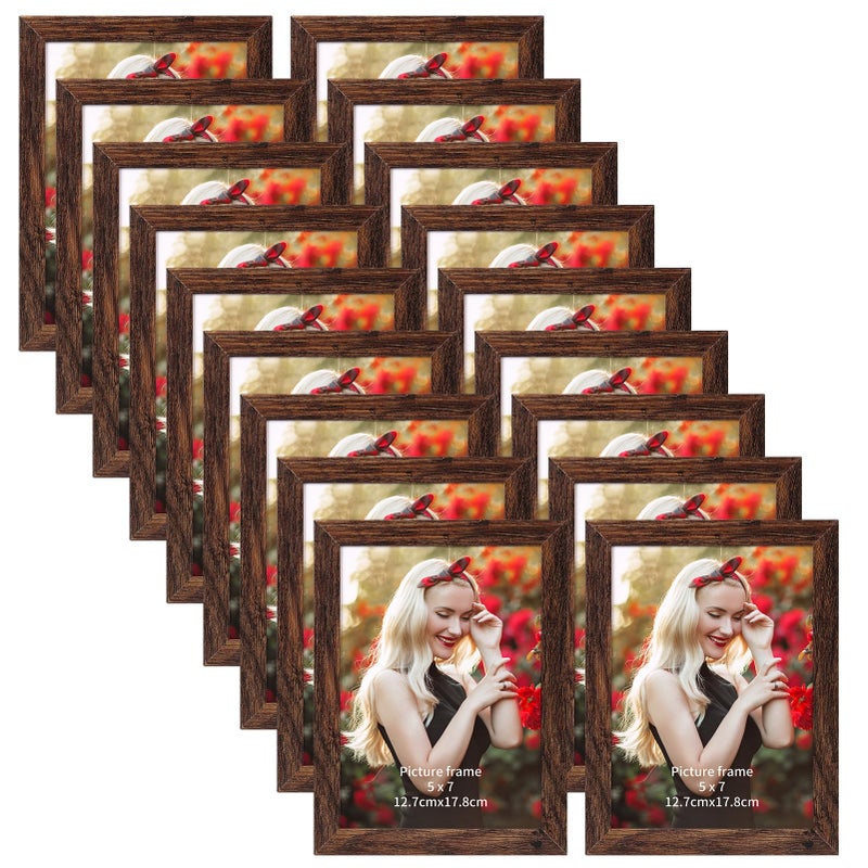 PETAFLOP Wooden Bulk 5x7 Picture Frame Set of 18 Rustic Brown Photo Frames Fits 5 by 7 for Wall or Tabletop Display