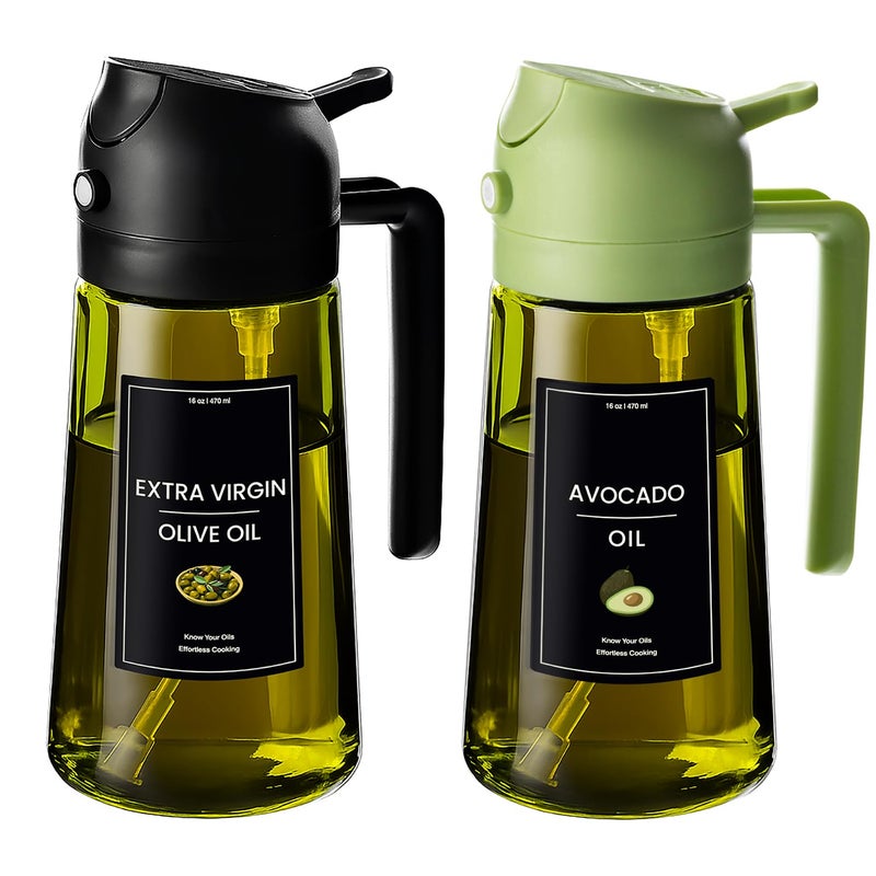 CXINYI - 16oz/470ml Olive Oil Dispenser for Kitchen with Stickers - 2 in 1 Olive Oil Sprayer for Cooking, Air Fryer, and Salad, Black&Green (Light-Proof Kitchen Gadget) - Image 1