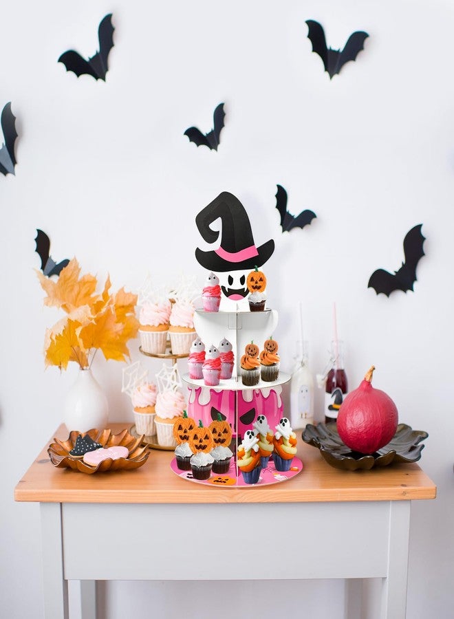 Haooryx Little Boo Party Decorations Cupcake Stand, 3 Tire Pink Boo Pumpkin Bat Cupcake Tower Spider Web Cardboard Dessert Holder for Halloween Little Boo Theme Party Birthday Baby Shower Table Supply - Image 4