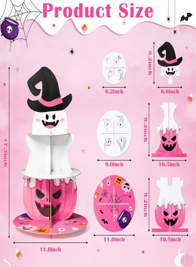 Haooryx Little Boo Party Decorations Cupcake Stand, 3 Tire Pink Boo Pumpkin Bat Cupcake Tower Spider Web Cardboard Dessert Holder for Halloween Little Boo Theme Party Birthday Baby Shower Table Supply - Image 2