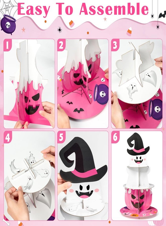 Haooryx Little Boo Party Decorations Cupcake Stand, 3 Tire Pink Boo Pumpkin Bat Cupcake Tower Spider Web Cardboard Dessert Holder for Halloween Little Boo Theme Party Birthday Baby Shower Table Supply - Image 3