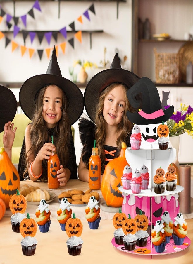 Haooryx Little Boo Party Decorations Cupcake Stand, 3 Tire Pink Boo Pumpkin Bat Cupcake Tower Spider Web Cardboard Dessert Holder for Halloween Little Boo Theme Party Birthday Baby Shower Table Supply - Image 5