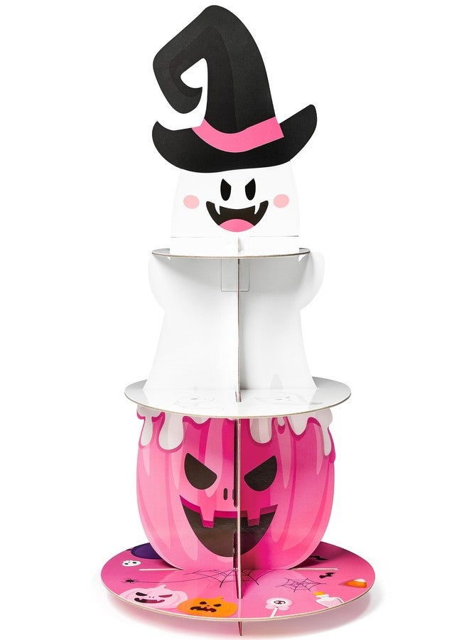Haooryx Little Boo Party Decorations Cupcake Stand, 3 Tire Pink Boo Pumpkin Bat Cupcake Tower Spider Web Cardboard Dessert Holder for Halloween Little Boo Theme Party Birthday Baby Shower Table Supply - Image 1