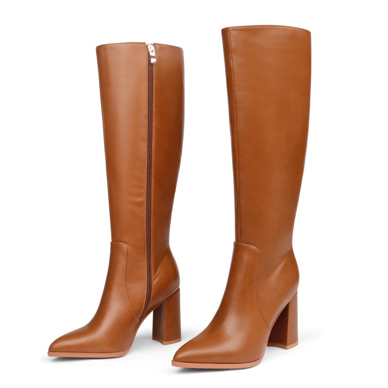 COLETER Women's Knee High Boots Pointed Toe Chunky Gogo Boots Zipper Block Heeled Tall Dress Boots Matte Brown 9US - Image 1