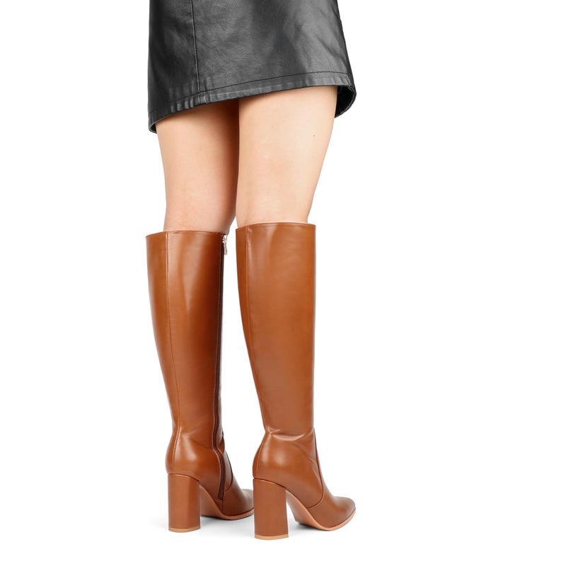 COLETER Women's Knee High Boots Pointed Toe Chunky Gogo Boots Zipper Block Heeled Tall Dress Boots Matte Brown 9US - Image 3