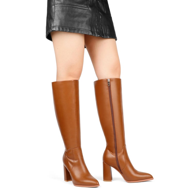 COLETER Women's Knee High Boots Pointed Toe Chunky Gogo Boots Zipper Block Heeled Tall Dress Boots Matte Brown 9US - Image 2