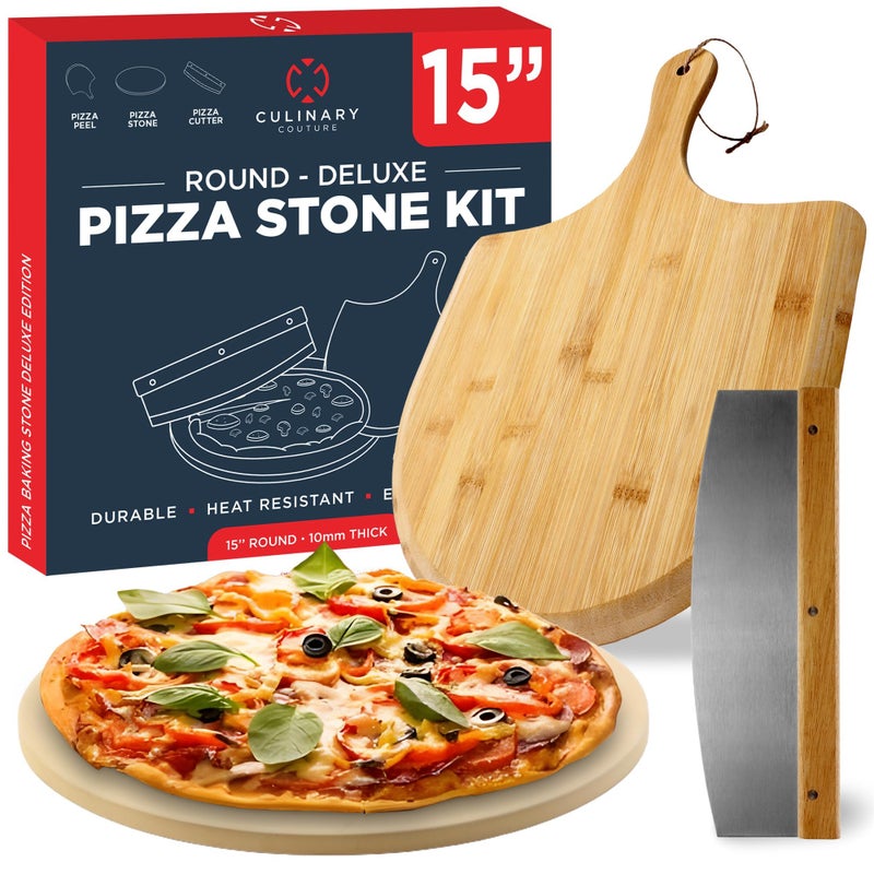 Culinary Couture 15 inch Round Pizza Stone for Oven Large Pizza Stone for Grill Cordierite Stones for Bread Calzone Cookies Pizza Making Kit