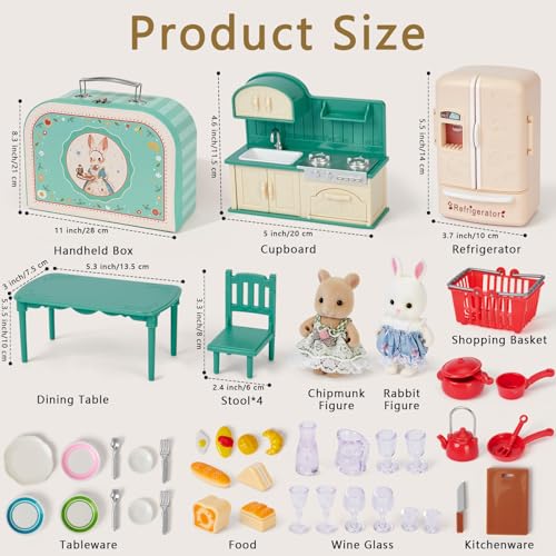 Golray Dollhouse Kitchen Furniture Suitcase Set for Kids 2 Flexible DollsDining TbleKitchenwareTablewareRefrigeratorBread Pretend Play Dollhouse Accessories Christmas Birthday Gift for Girls Ages 3 - Image 5