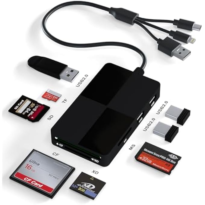 rayihni MEMORY STICK PRO DUO ADAPTER READER - 8 IN 1 SD/TF/MS/CF/XD CARD READER WITH 3 USB 2.0 PORTS FOR IPHONE/COMPUTER/USB-C DEVICE, BUILT-IN 3-IN-1 CONNECTOR (LIGHTNING, USB-C AND USB-A), NO APP REQUIRED - Image 1