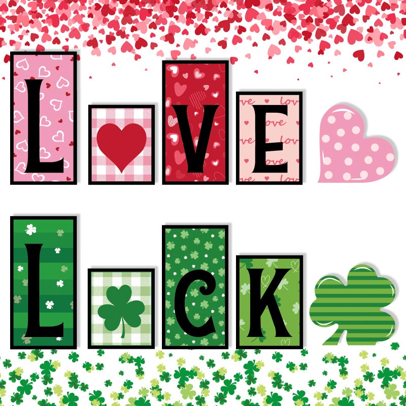 6 Pcs Valentines Day and Reversible St Patricks Day Wood Signs Double Side Printed Free Standing Blocks Heart Shamrocks Table Centerpiece Decor Love Luck Farmhouse Sign for Tiered Tray Mantle