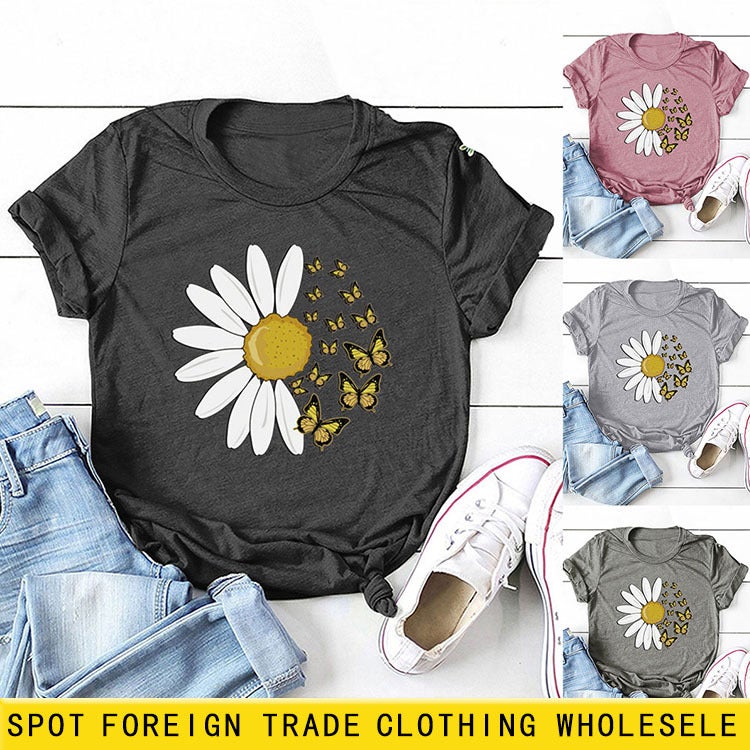 Independent Station Cross-border Foreign Trade Daisy Butterfly Fashion Round Neck Letter Print Top Women's Short Sleeve T-Shirt Vintage blue(color picture) XXXL - Image 2