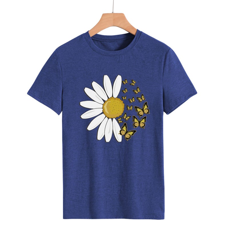 Independent Station Cross-border Foreign Trade Daisy Butterfly Fashion Round Neck Letter Print Top Women's Short Sleeve T-Shirt Vintage blue(color picture) XXXL - Image 1