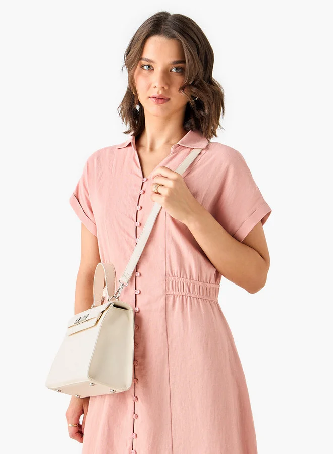 Flora Bella By Shoexpress Textured Satchel Bag with Detachable Strap and Flap Closure