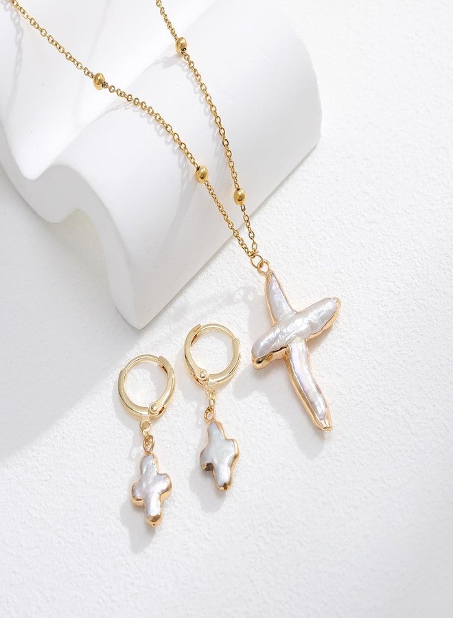 Yewkit Nature Freshwater Pearl Cross Necklace Earring for Women, Gold Big Cross Pearl Necklace,Baroque Earrings (Gold) - Image 2