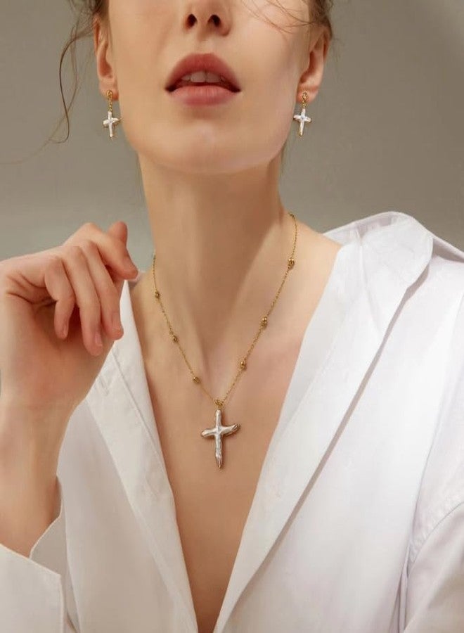 Yewkit Nature Freshwater Pearl Cross Necklace Earring for Women, Gold Big Cross Pearl Necklace,Baroque Earrings (Gold) - Image 3