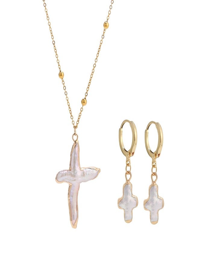 Yewkit Nature Freshwater Pearl Cross Necklace Earring for Women, Gold Big Cross Pearl Necklace,Baroque Earrings (Gold) - Image 1