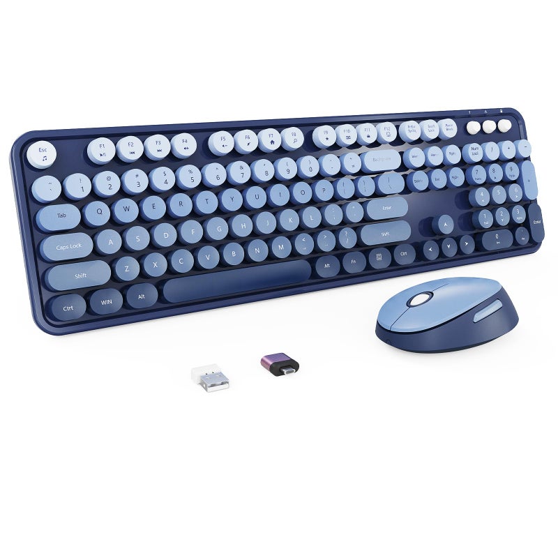 Nowlike Wireless Keyboard and Mouse Combo, Retro Typewriter Keyboard with Round Keycaps, Full-Size Ergonomic, Blue, Ideal for Windows PC, Home, Office, and College, Wireless Keyboard Mouse Combo - Image 1