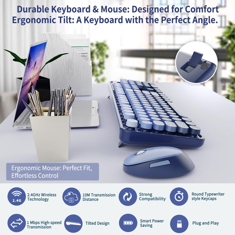Nowlike Wireless Keyboard and Mouse Combo, Retro Typewriter Keyboard with Round Keycaps, Full-Size Ergonomic, Blue, Ideal for Windows PC, Home, Office, and College, Wireless Keyboard Mouse Combo - Image 5