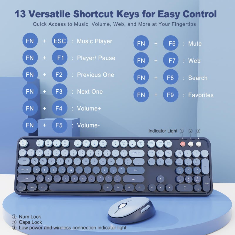 Nowlike Wireless Keyboard and Mouse Combo, Retro Typewriter Keyboard with Round Keycaps, Full-Size Ergonomic, Blue, Ideal for Windows PC, Home, Office, and College, Wireless Keyboard Mouse Combo - Image 3