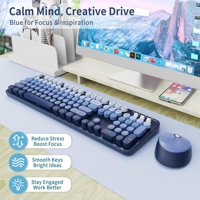 Nowlike Wireless Keyboard and Mouse Combo, Retro Typewriter Keyboard with Round Keycaps, Full-Size Ergonomic, Blue, Ideal for Windows PC, Home, Office, and College, Wireless Keyboard Mouse Combo - Image 2