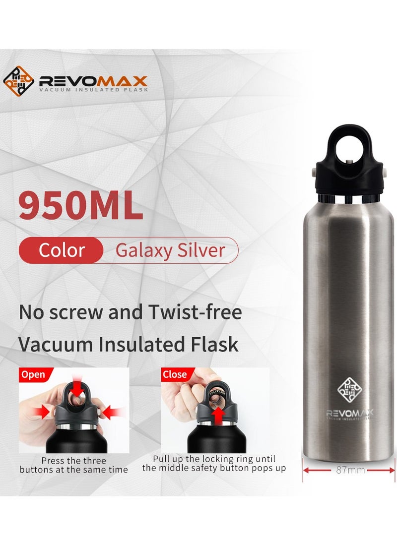 RevoMax Revomax vacuum Insulated Flask with Twist Free CAP, open & close with one hand in one second Galaxy Silver. 32oz/ 950ml  - Image 2