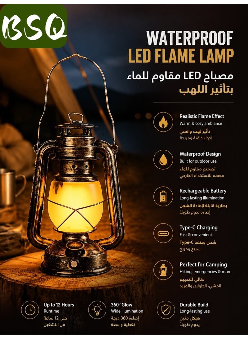 BSQ Emergency Supplies |Retro LED Battery Powered Camping Light | Retro Lantern | Outdoor Pendant Light | Outdoor Portable Light | Flame Effect, Rechargeable, Three Modes,Suitable for Tents, Outdoors, Power Outages, Hiking, Emergencies, and Fishing - Image 1