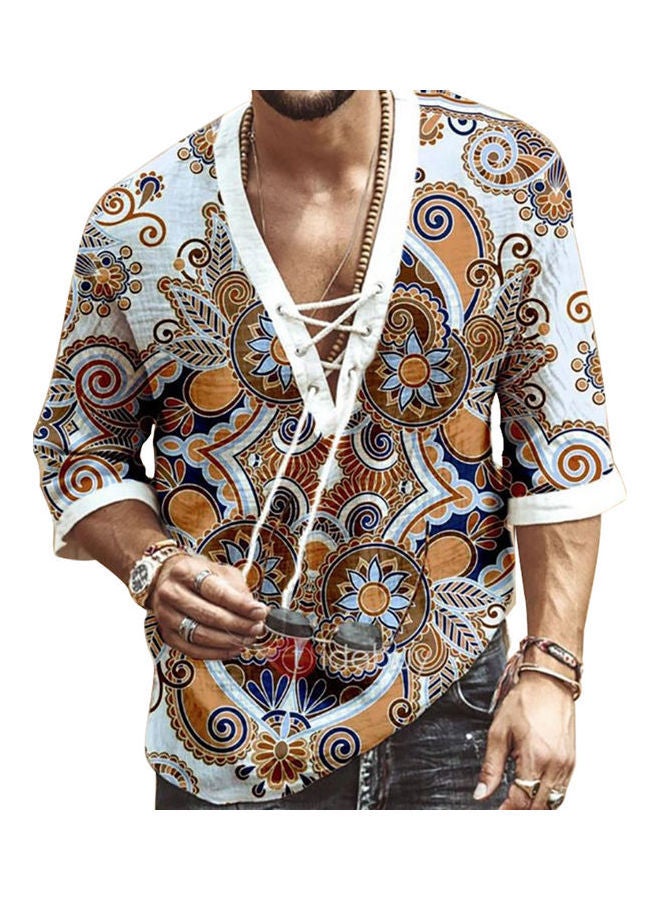 NIBEMINENT Floral Printed Lace-Up Shirt White/Brown