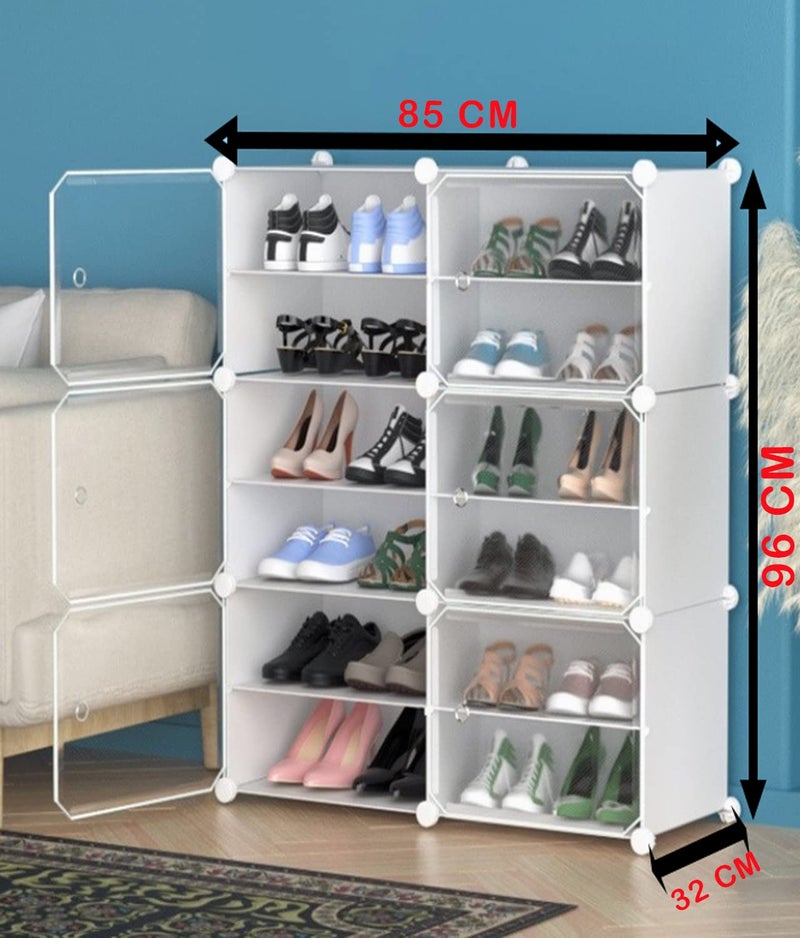 AYSIS Portable Plastic Shoe Rack Organizer 30 Pair Tower Shelf Storage Cabinet Stand Expandable for Heels, Boots, Slippers, (12-Layer-6-Door-White) 85 x 32 x 96 Cm - Image 2