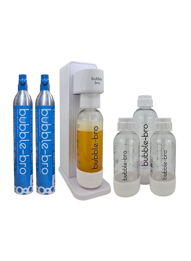 bubble-bro Versa Soda Maker Family Pack - with 2 x 60L CO2 Cylinders, 1 x additional 1L bottle & 2 x 500ml bottles - carbonate any drink (White) - Image 1