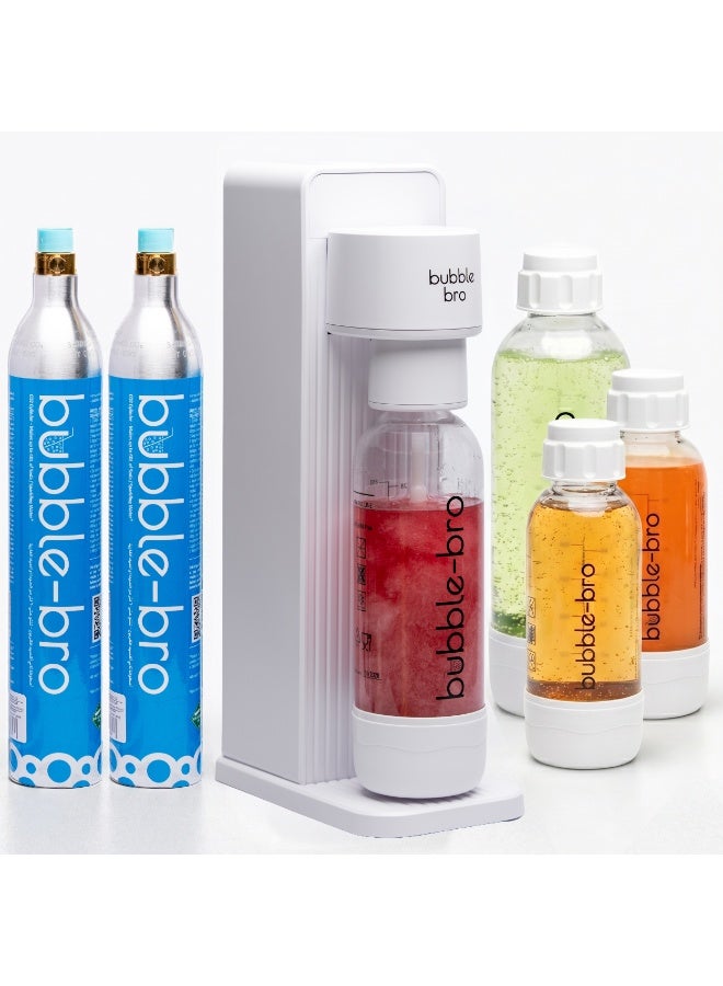 bubble-bro صانع الصودا بابل-برو فيرسا - حزمة عائلية - مع 2 × 60 لتر أسطوانات CO2، 1 × زجاجة إضافية سعة 1 لتر و 2 × زجاجات سعة 500 مل - كربنة أي مشروب (أبيض) - Image 1