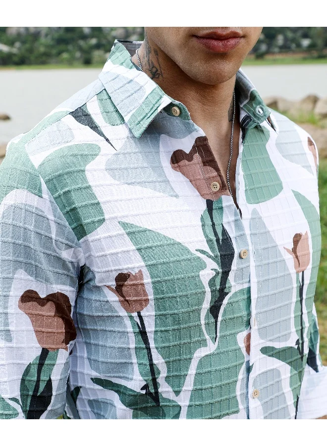 Campus Sutra Men's Pistachio Green & Ash Grey Abstract Tulip Shirt For Casual Wear | Spread Collar | Long Sleeve | Button Closure | Shirt Crafted With Comfort Fit For Everyday Wear
