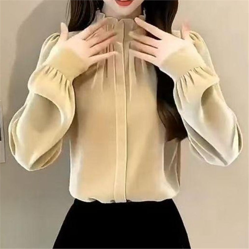 Women's Long Sleeve Blouse with Stand Collar, Puff Sleeves and Ruffled Trim - Image 2