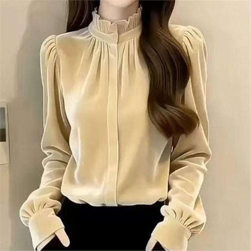 Women's Long Sleeve Blouse with Stand Collar, Puff Sleeves and Ruffled Trim - Image 1