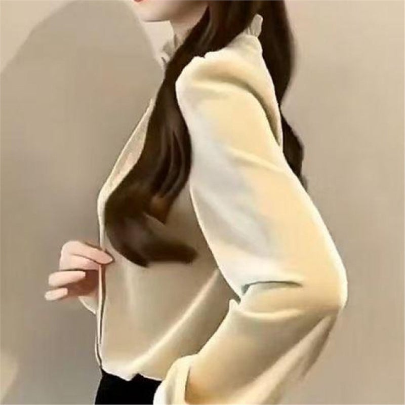 Women's Long Sleeve Blouse with Stand Collar, Puff Sleeves and Ruffled Trim - Image 3