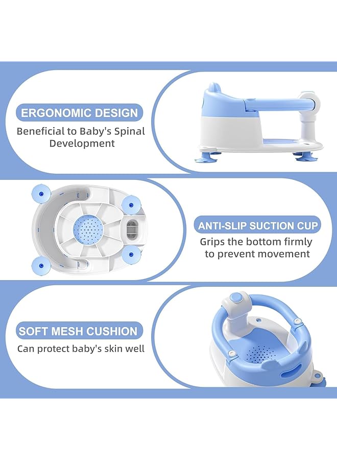 Baby Bath Seat For Babies 6 Months & Up Non Slip Toddler Bath Seats For Babies Sitting Up Safe Infant & Newborn Bathtub Chair With 4 Suction Cups & Soft Cushion For Shower (Blue) - Image 4