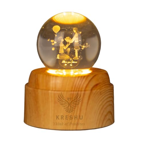 KRESHU Propose 3D Crystal Rotating Glass Ball Dimmable Warm LED Light Wooden Stand Luminous USB Cable Decoration Night Lights for Art Home Decoration Birthday Gift (Pack of 1) - Image 1