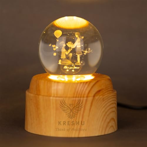 KRESHU Propose 3D Crystal Rotating Glass Ball Dimmable Warm LED Light Wooden Stand Luminous USB Cable Decoration Night Lights for Art Home Decoration Birthday Gift (Pack of 1) - Image 2