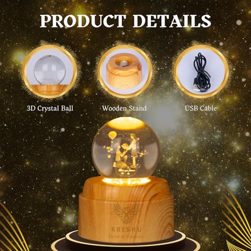 KRESHU Propose 3D Crystal Rotating Glass Ball Dimmable Warm LED Light Wooden Stand Luminous USB Cable Decoration Night Lights for Art Home Decoration Birthday Gift (Pack of 1) - Image 5