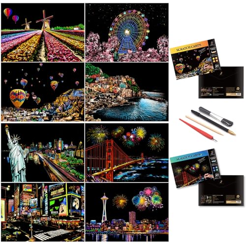 BOTEEN Scratch Art for Adults and Kids-City Landmarks Scratch Painting Craft Kit (8 Sheets A4)|DIY Foil Engraving Art Set|Stress Relief Gift for Travel Lovers,Craft Lovers,Home Decor(America/Europe) - Image 1