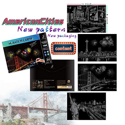BOTEEN Scratch Art for Adults and Kids-City Landmarks Scratch Painting Craft Kit (8 Sheets A4)|DIY Foil Engraving Art Set|Stress Relief Gift for Travel Lovers,Craft Lovers,Home Decor(America/Europe) - Image 3