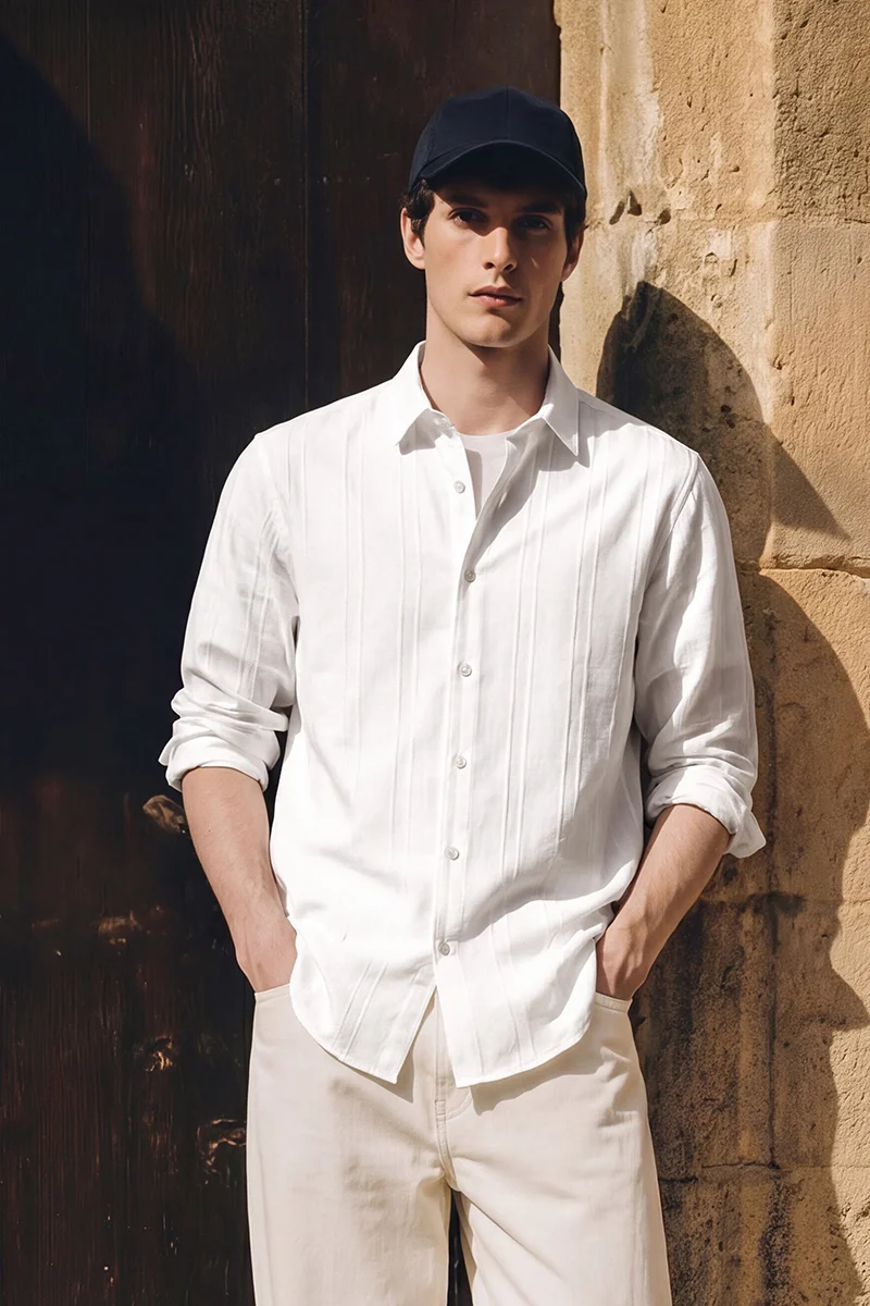 SNITCH White Striped Long Sleeve Slim Fit Casual Shirt