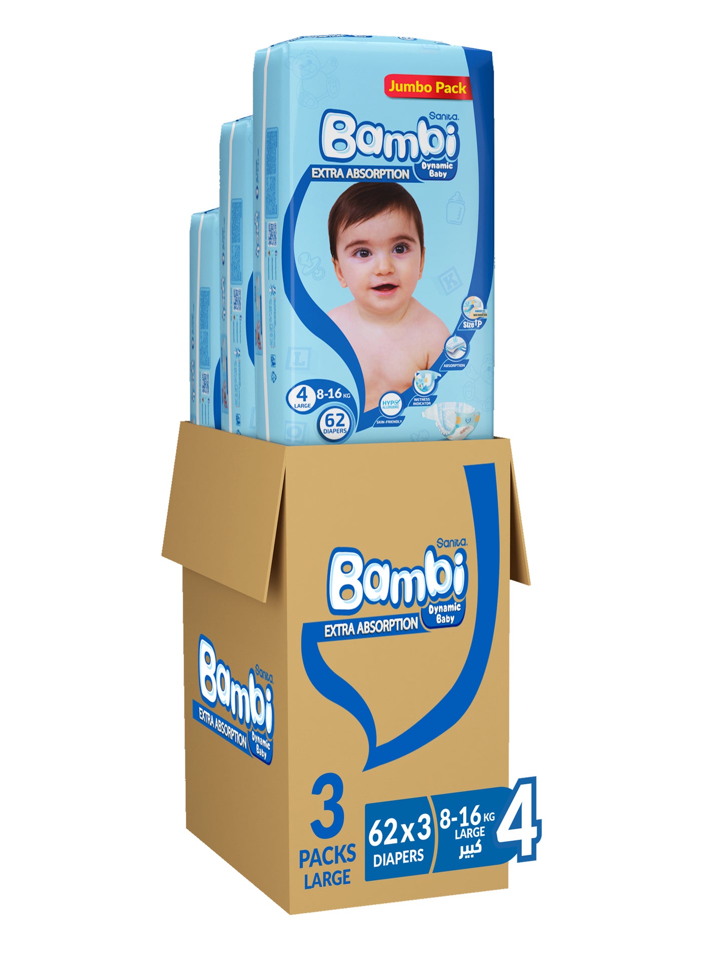 Sanita Bambi Size 4, Large, 8-16 Kg, Jumbo Pack, 186 Diapers