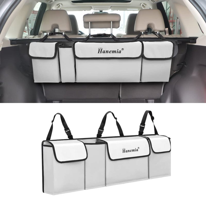 Car Trunk Organizer and Storage Backseat Hanging Organizer for SUV Truck MPV Waterproof Collapsible Cargo Storage Bag with 4 Pockets Car Accessories for Men and Women Beige