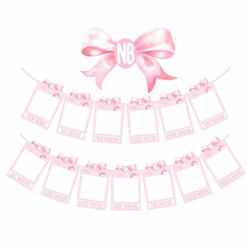 ZTZTST Pink Bow Photo BannerFirst Birthday Decorations for GirlNewborn to 12 Months Photo Banner1st Birthday MilestoneFirst Year PhotosBaby Shower - Image 1
