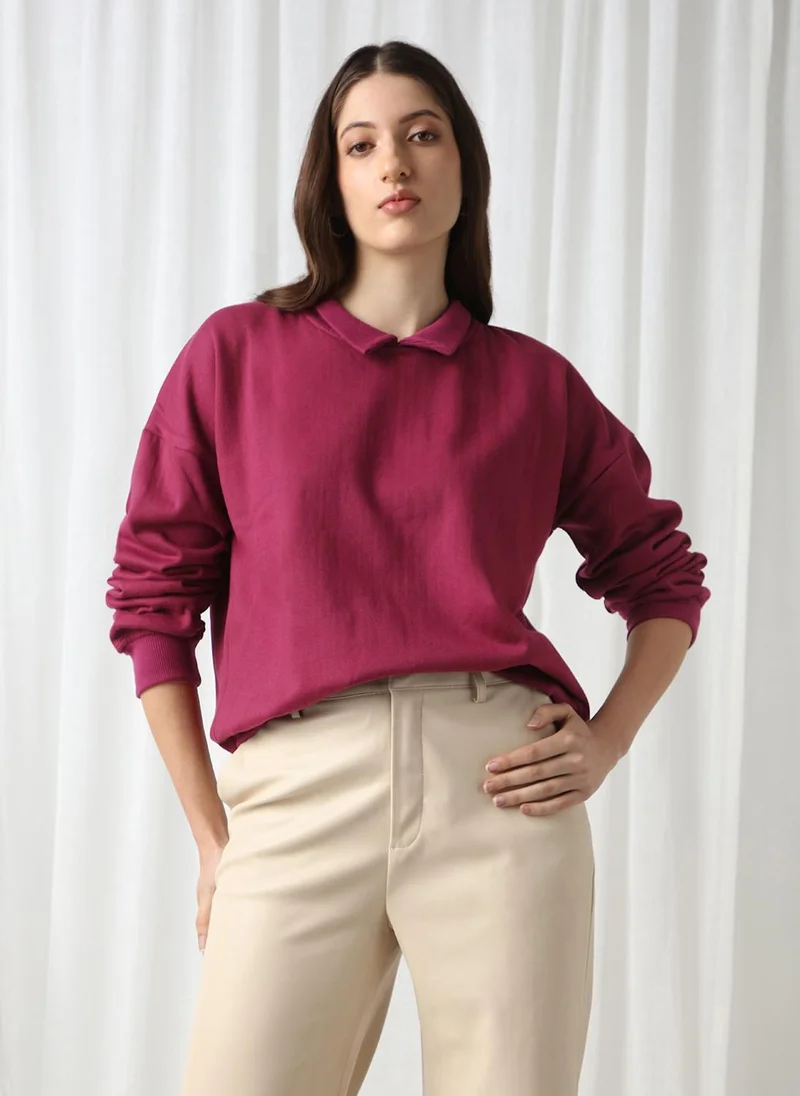 جلو باص Globus Women Pink Collared Neck Drop Shoulder Sleeves Ribbed Hem Oversized Sweatshirt