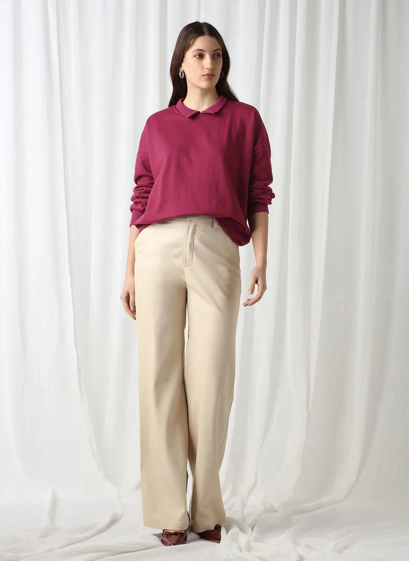 globus Globus Women Pink Collared Neck Drop Shoulder Sleeves Ribbed Hem Oversized Sweatshirt