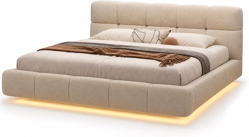 Modern Upholstered LED Floating Bed Frame with Tufted Headboard - Full Size (140 x 200 cm, Beige) - Image 5