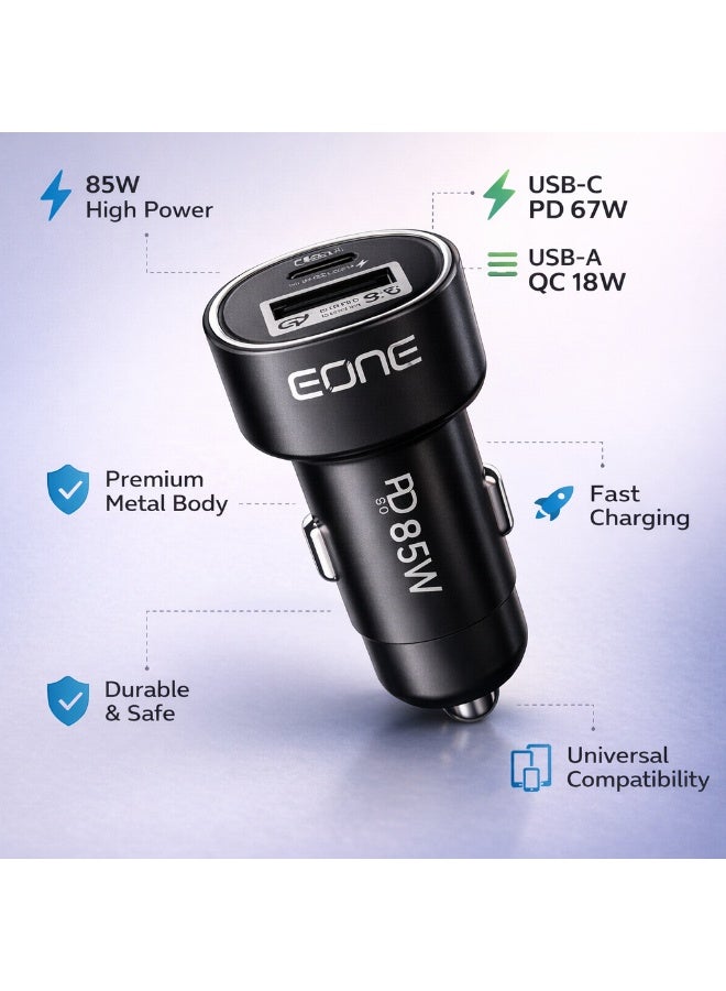 إيون شاحن سيارة EONE بقدرة 85 واط بمنفذين USB-C PD 67W وUSB-A QC 18W، محول شحن سريع للسيارة لهواتف iPhone وSamsung والتابلت واللابتوب، شاحن عالي القدرة – أسود - Image 5